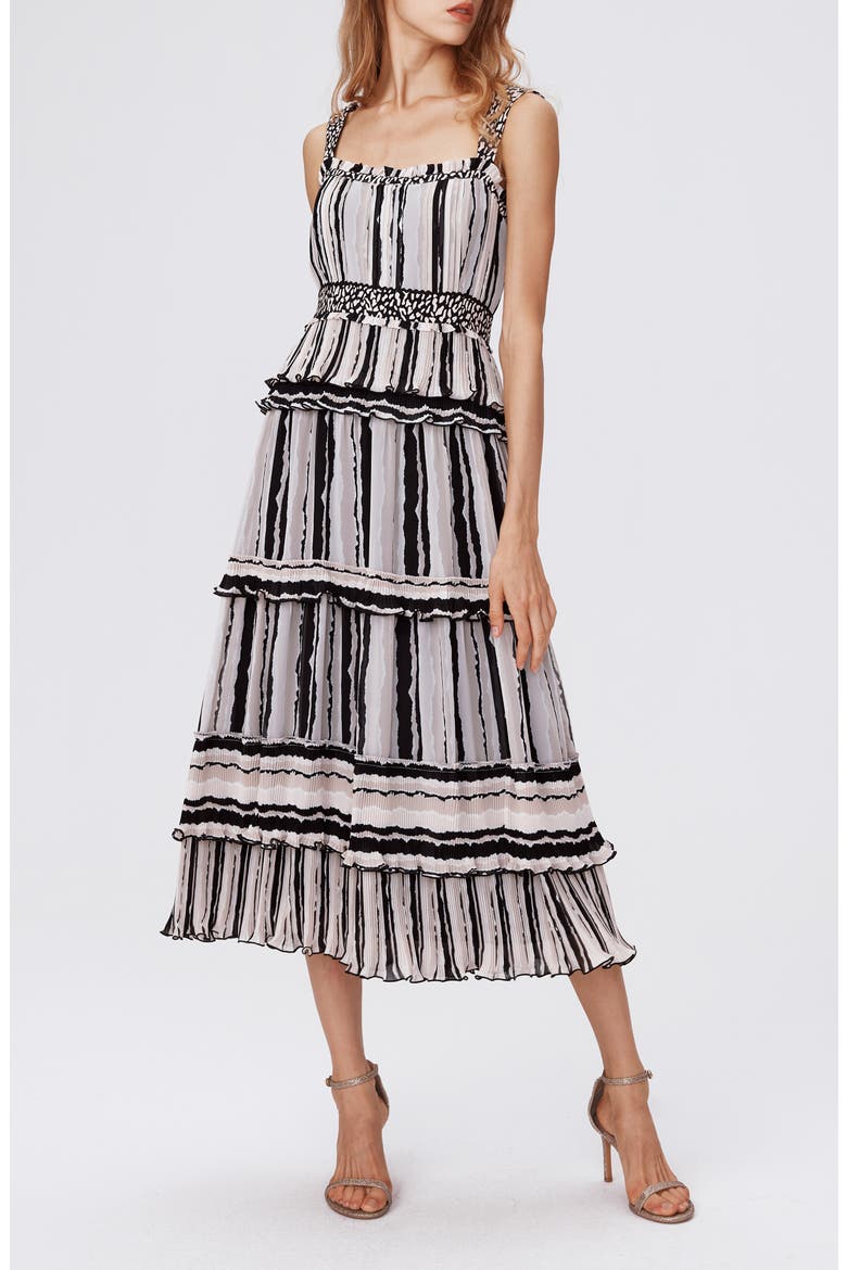 Cato Tiered Ruffle Midi Dress, Main, color, TORN FLAG BLK