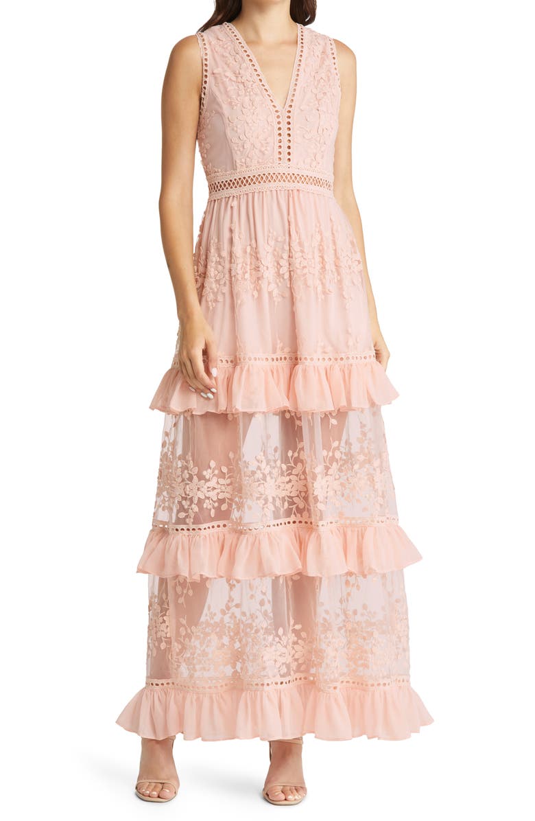 Lulus Garden Dreams Lace Tiered Maxi Dress, Main, color, 