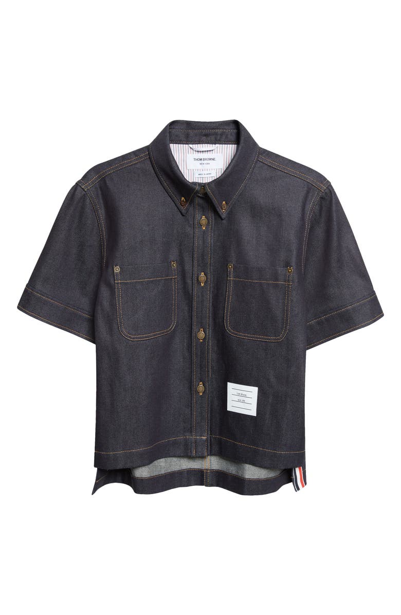 Thom Browne Short Sleeve Denim Button-Down Shirt, Main, color, Navy