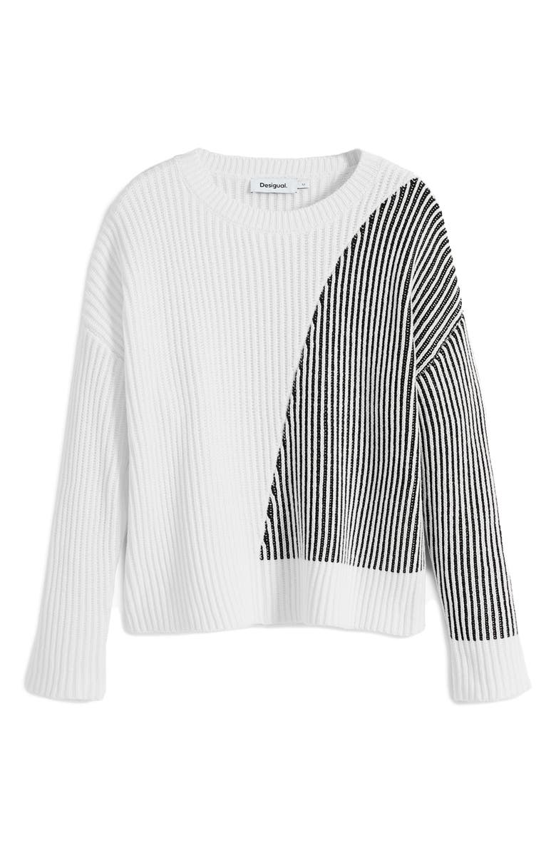 Desigual Stripe Crewneck Cotton Blend Sweater, Alternate, color, Off White