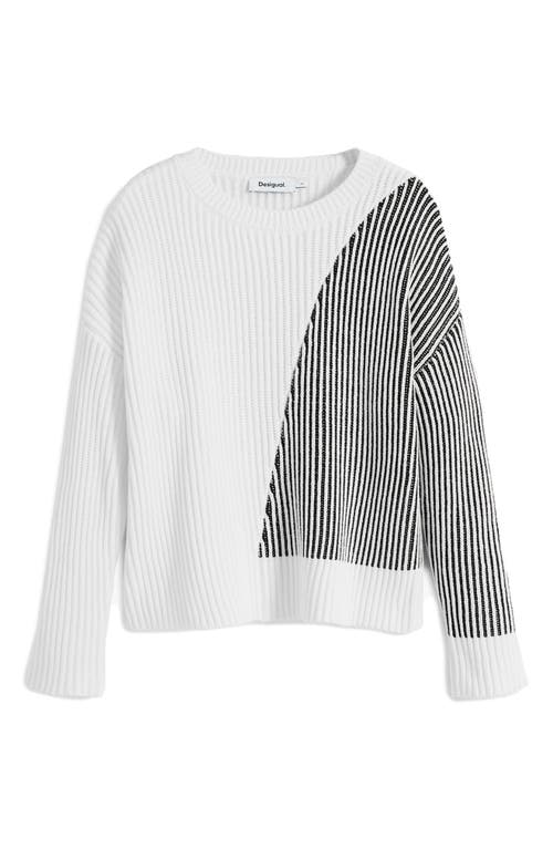 Desigual Stripe Crewneck Cotton Blend Sweater In White
