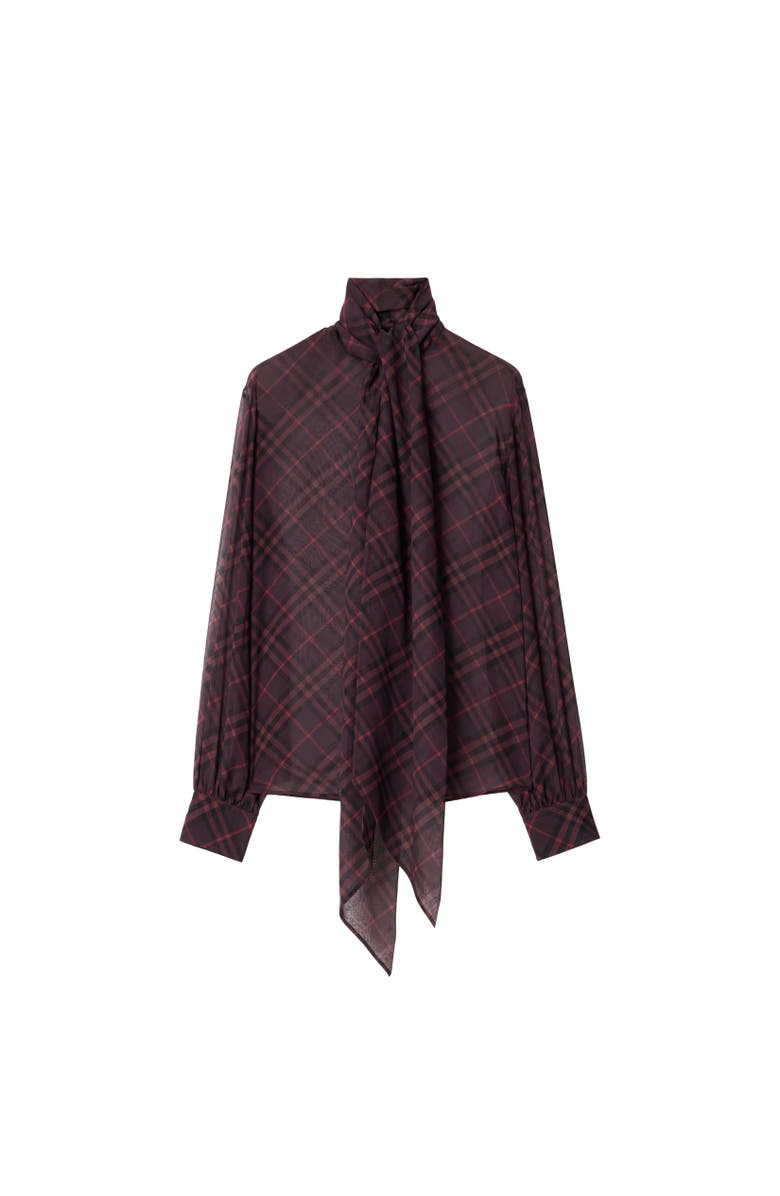 Burberry Check Silk Scarf Blouse, Alternate, color, Wine Red