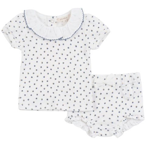 Girls Pointelle Flower Print 2-Piece Short Set with Ruffle Collar