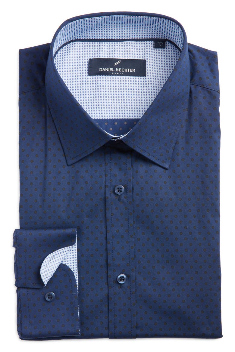 Tonal Dot Non-Iron Stretch Dress Shirt, Main, color, NAVY