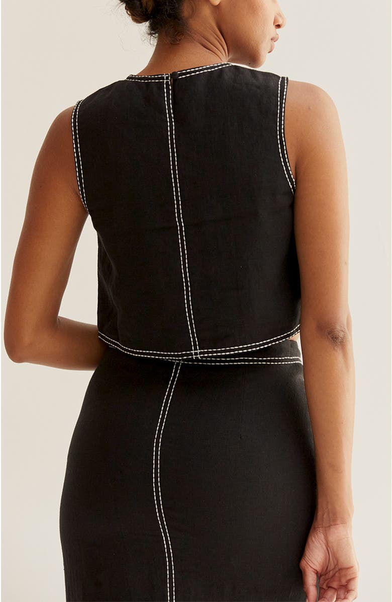 CRESCENT Embroidered Contrast Stitch Linen Crop Top, Alternate, color,
