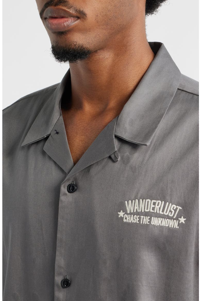 Wanderlust Embroidered Graphic Camp Shirt, Alternate, color, BLACK