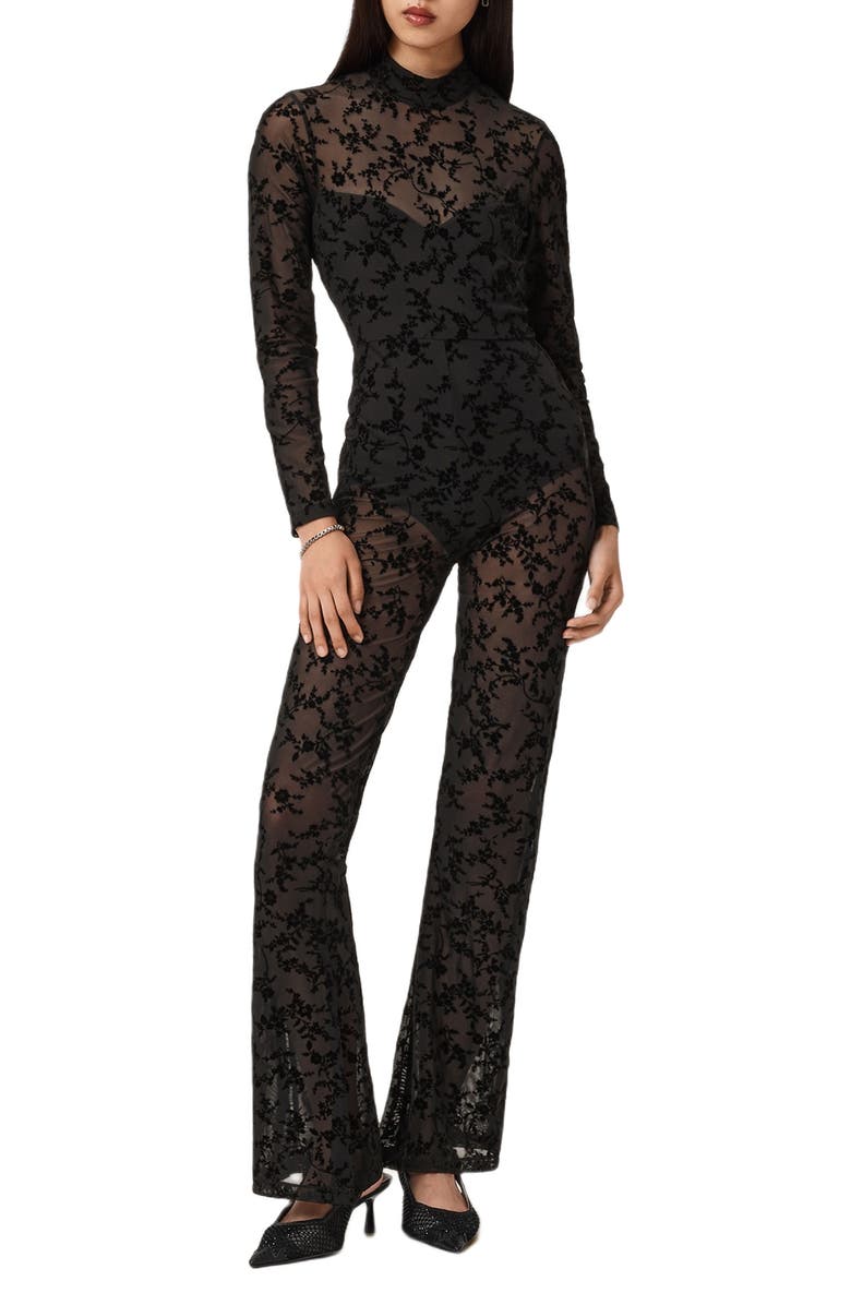 AllSaints Rylee Flock Print Long Sleeve Catsuit, Main, color, Black