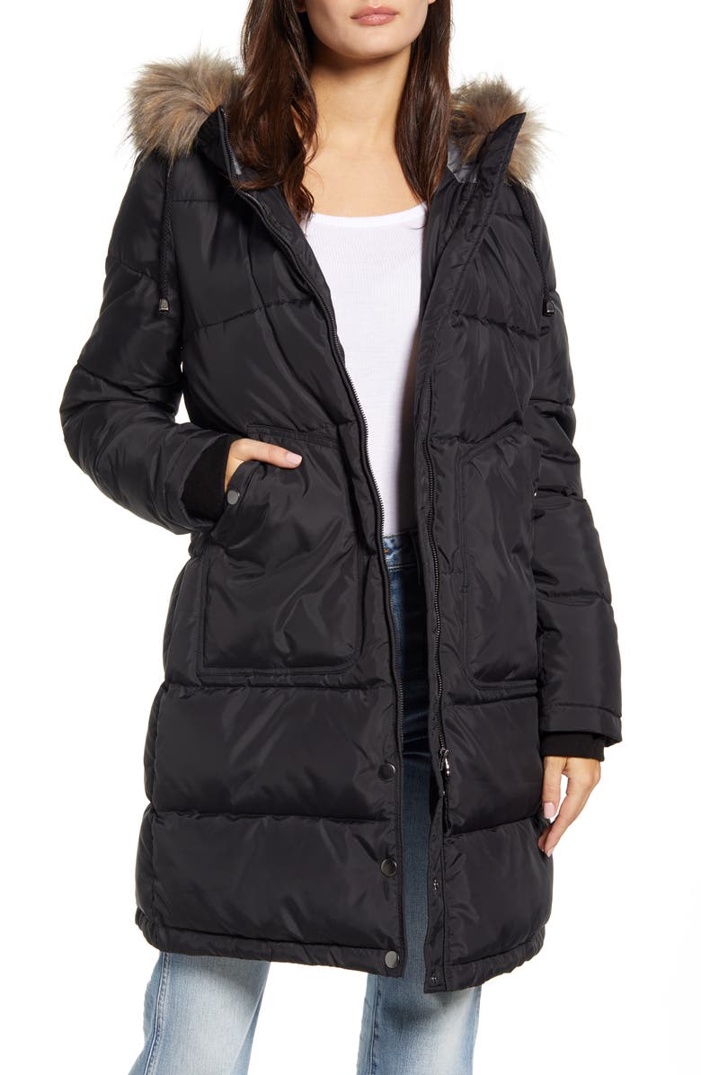 Maralyn & Me Faux Fur Trim Longline Puffer Jacket, Main, color,