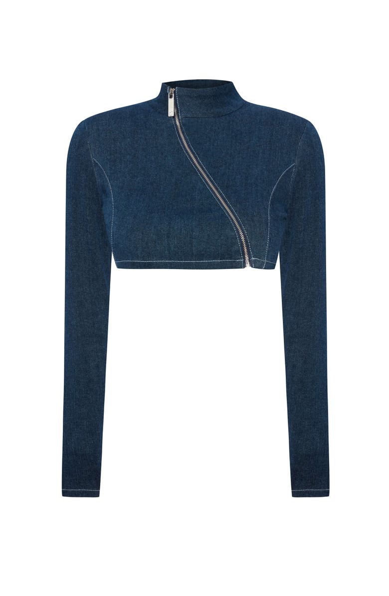 Jendue US Spin Denim Jacket - Cropped, Asymmetrical Zip Top, Alternate, color, Deep Blue