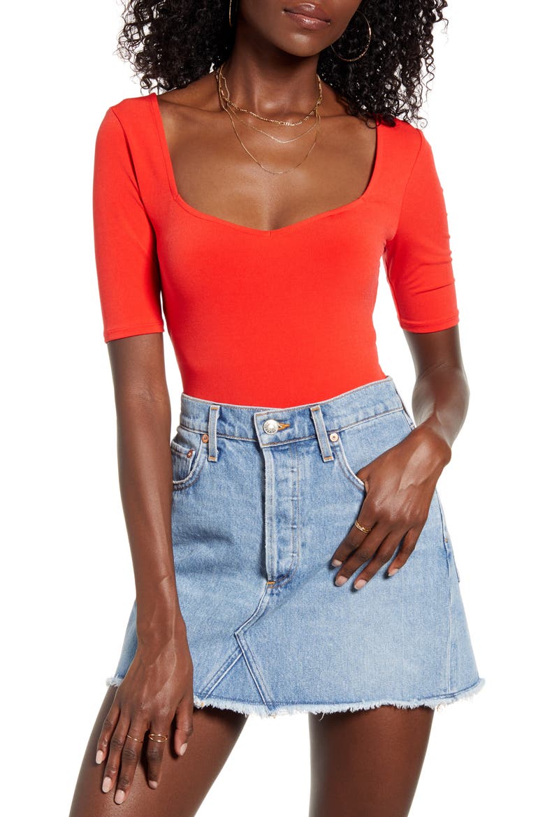 Sweetheart Neck Bodysuit, Main, color, RED BLOOM