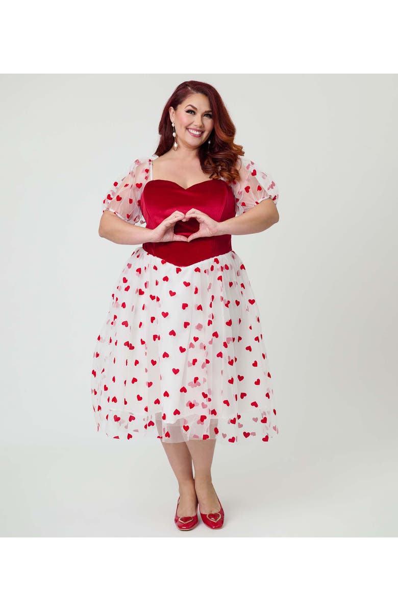 Unique Vintage Plus Size Loving You Swing Dress, Alternate, color, White W/ Red Hearts