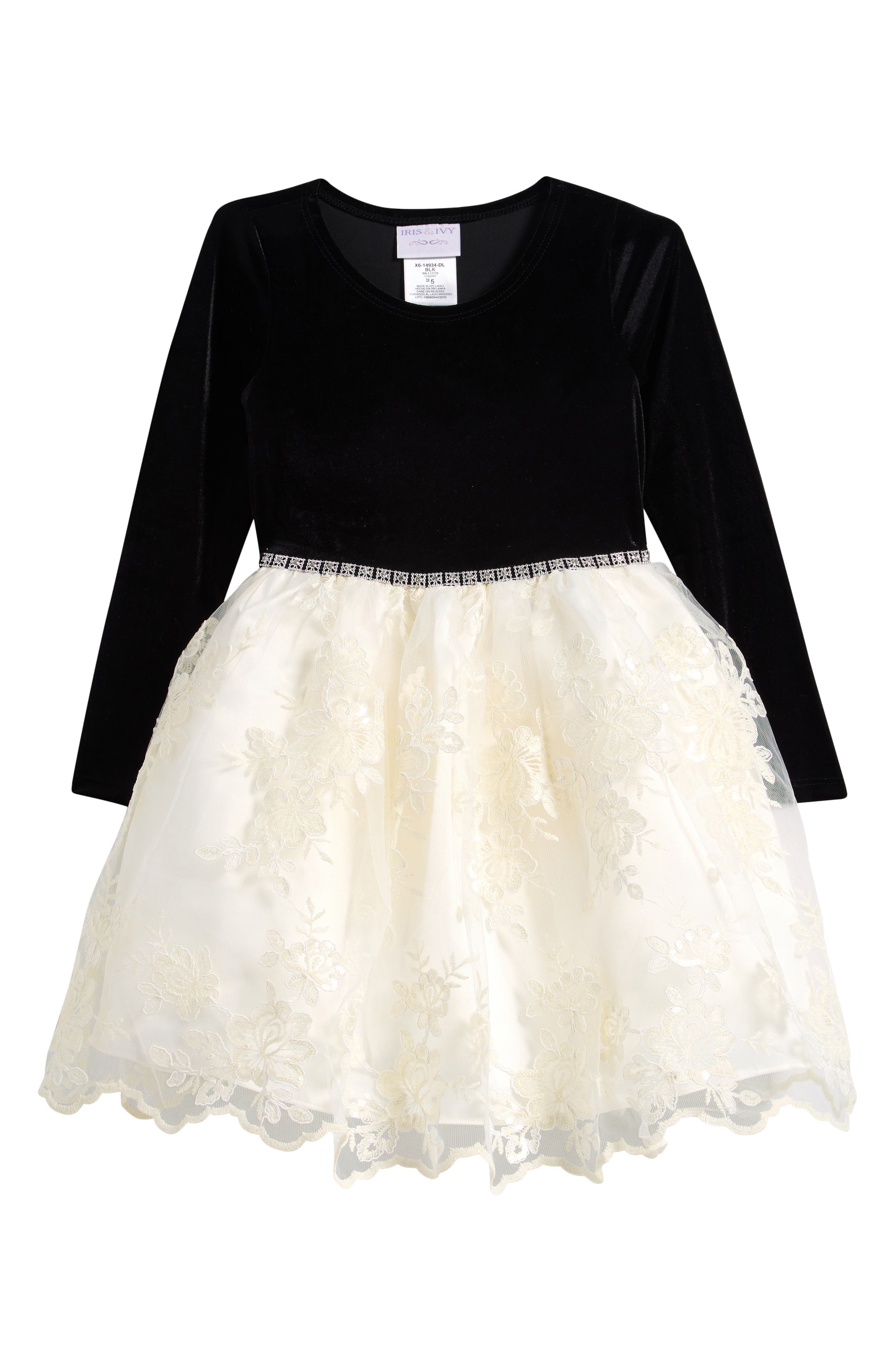 Kids' Stretch Velvet & Lace Dress
