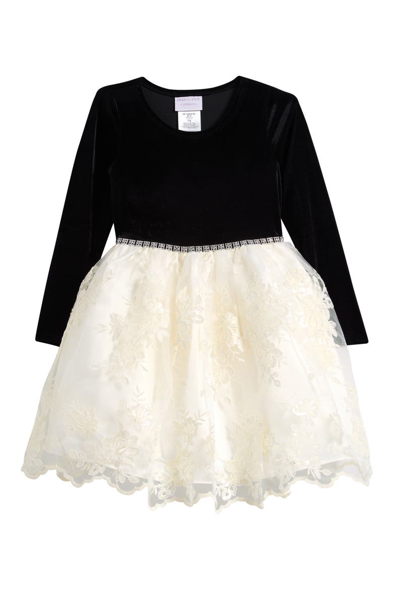 Kids' Stretch Velvet & Lace Dress, Main, color, BLACK IVORY