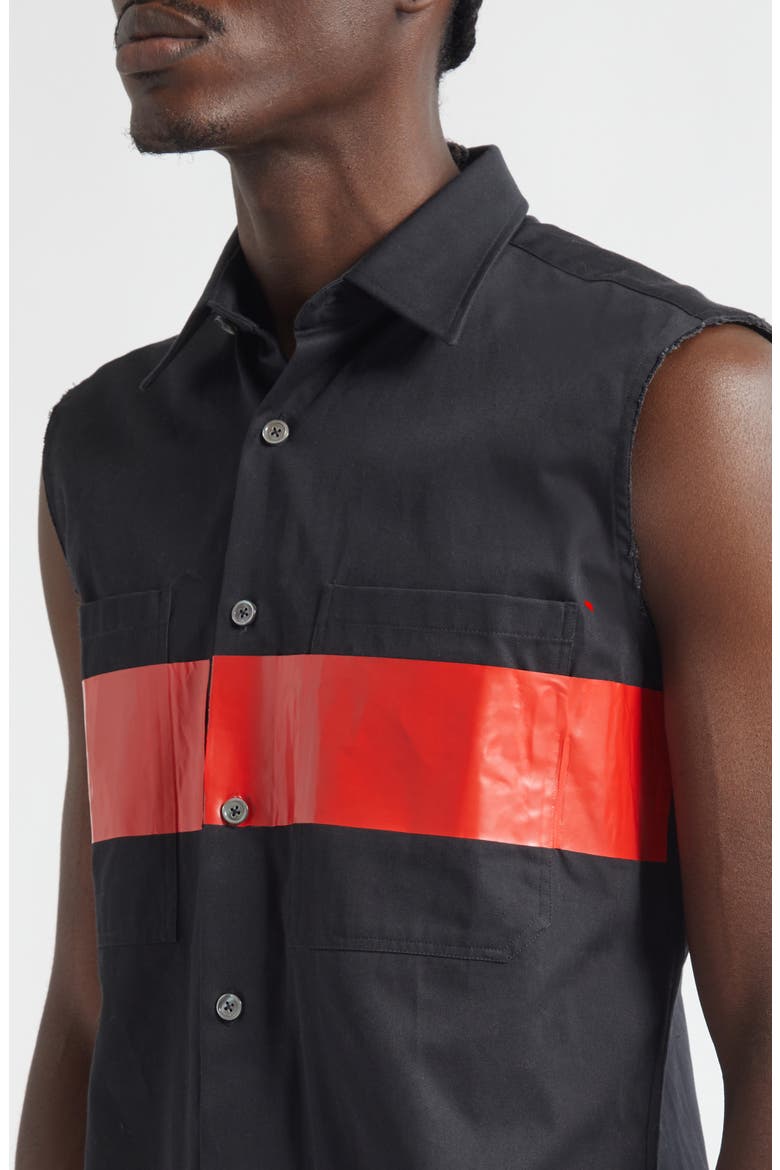Stabb Taped Cutoff Sleeve Button-Up Shirt, Alternate, color, BLACK