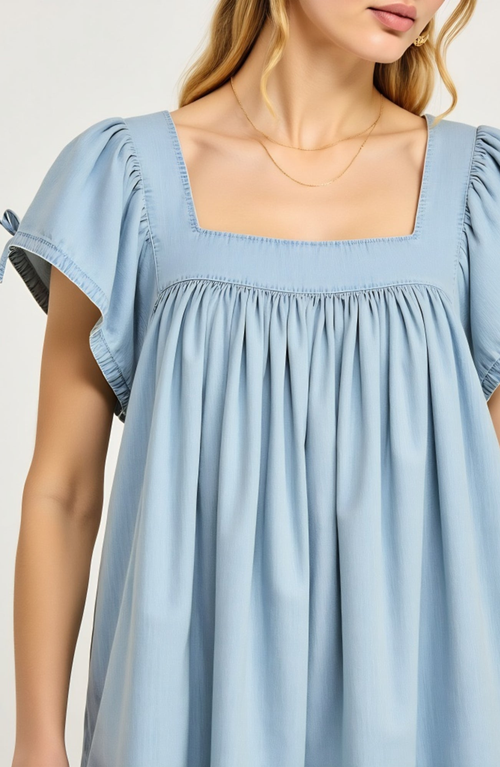 Modenaire Babydoll Dress With Square Neck And Flutter Sleeves In Blue