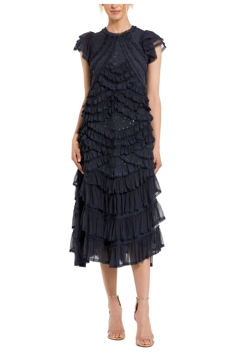 Mac Duggal High Neck Ruffle Mesh Midi Dress, Main, color, Navy