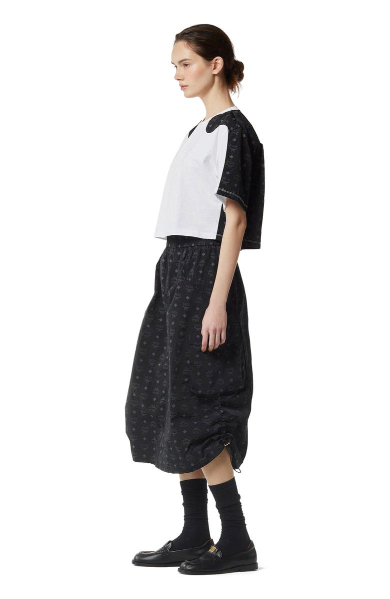 MCM Laurel Cropped T-Shirt in Organic Cotton and Monogram ECONYL, Alternate, color, Black And White