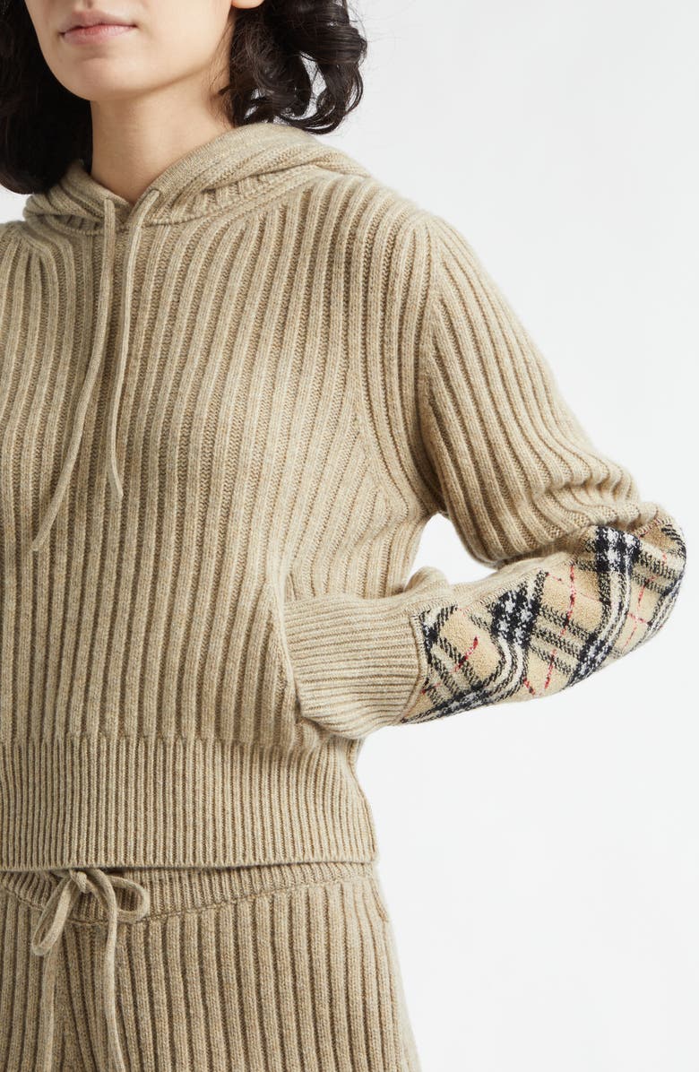 Burberry Phyllis Check Patch Hooded Rib Wool & Cashmere Sweater, Alternate, color, Light Brown Melange