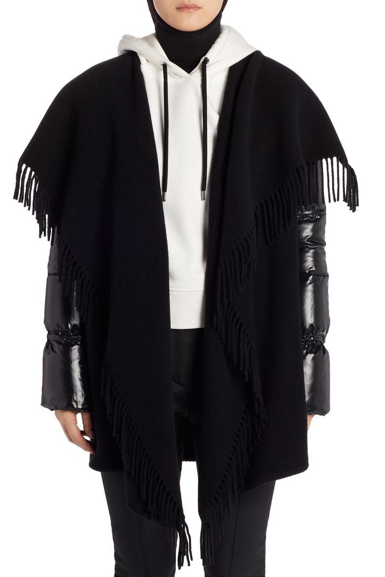 Mantella Down Puffer Sleeve Wool Cape Coat, Main, color, BLACK