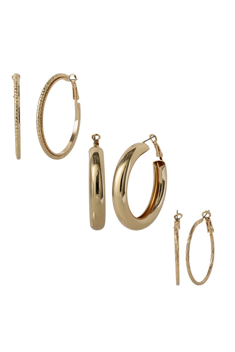 3-Piece Textured Gold-Tone Hoop Earring Set, Main, color, Gold