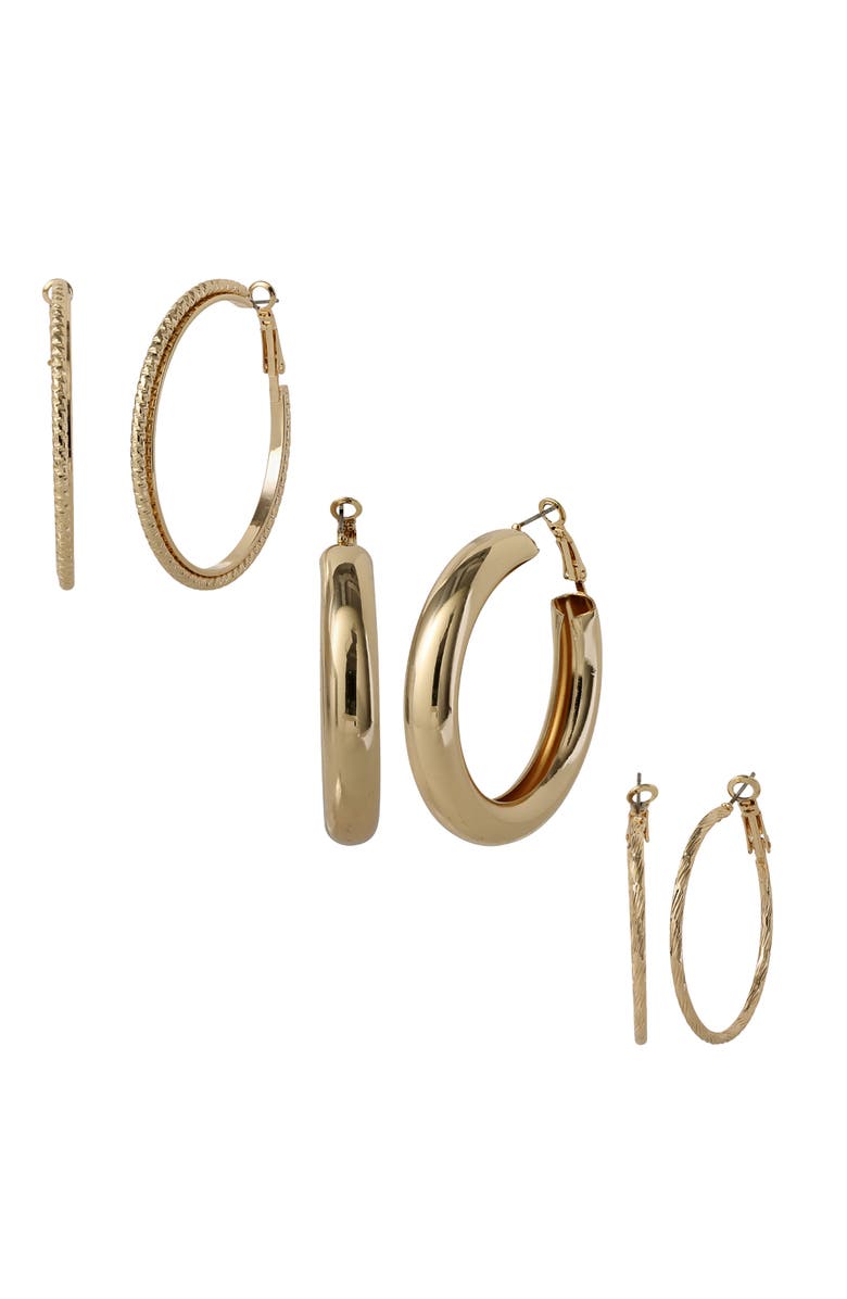 Jessica Simpson 3-Piece Textured Gold-Tone Hoop Earring Set, Main, color, Gold