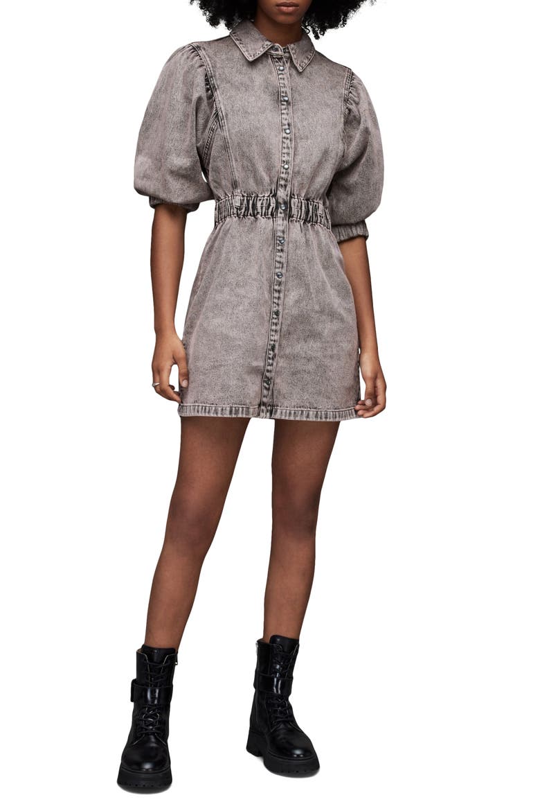 Osa Puff Sleeve Denim Mini Shirtdress, Alternate, color, WASHED PINK