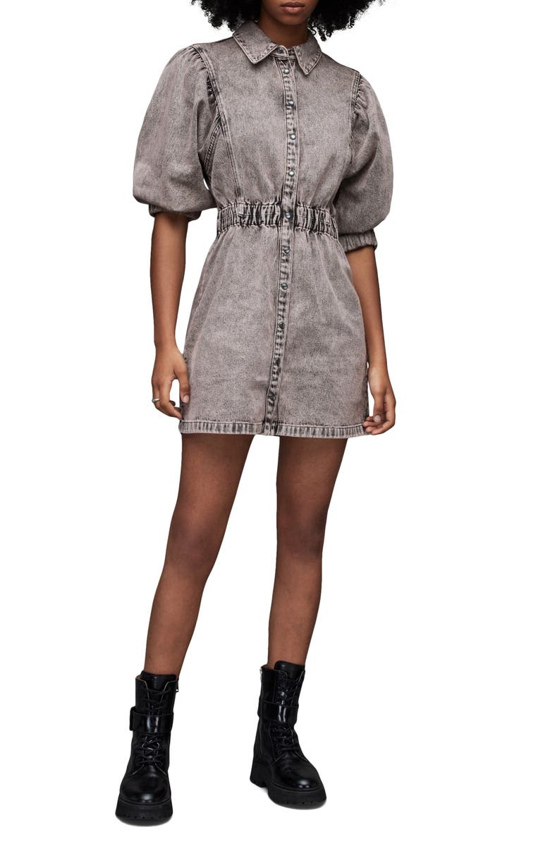 AllSaints Osa Puff Sleeve Denim Mini Shirtdress, Alternate, color,