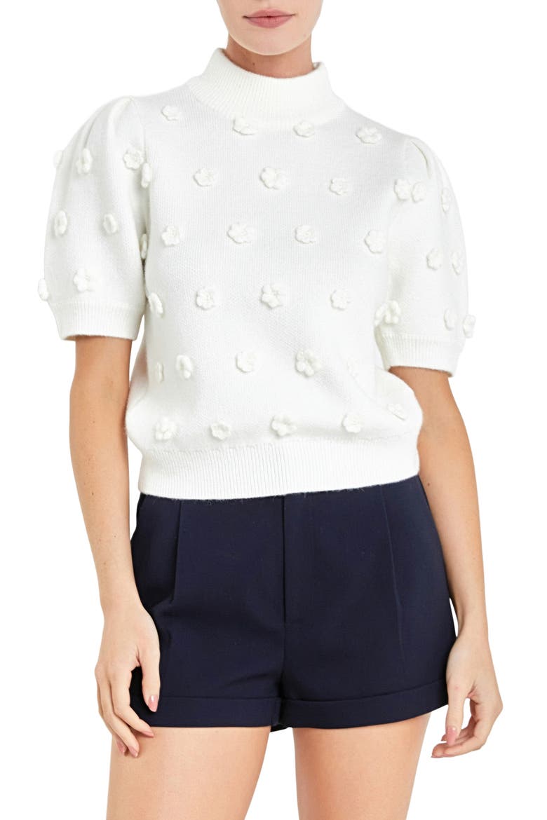 Flower Pompom Short Sleeve Sweater, Main, color, WHITE
