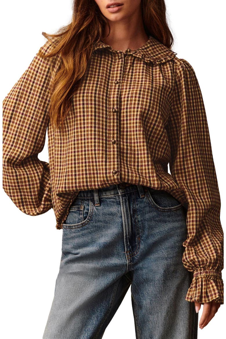 Check Ruffle Collar Button-Up Shirt, Main, color, BROWN