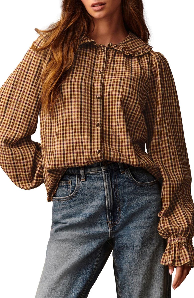 NEXT Check Ruffle Collar Button-Up Shirt, Main, color, Brown