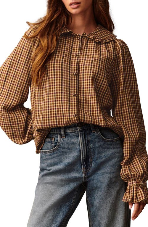 Next Check Ruffle Collar Button-up Shirt In Brown