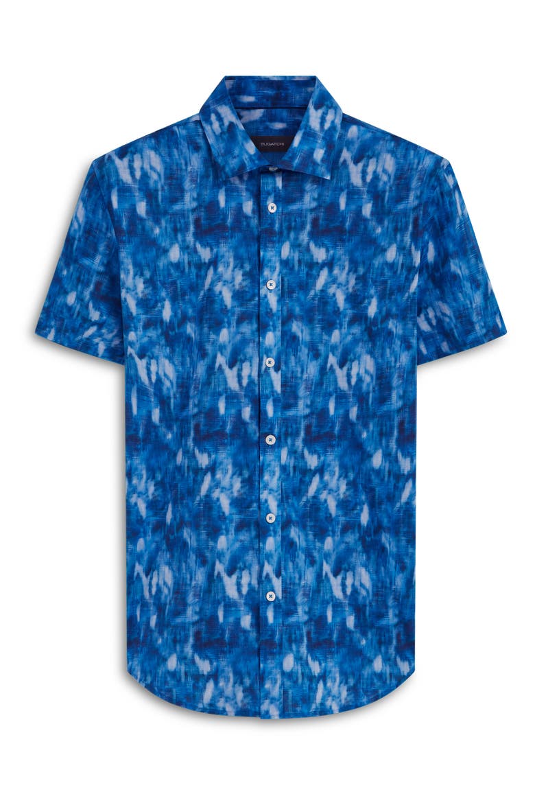 Shaped Fit Print Stretch Cotton Short Sleeve Button-Up Shirt, Alternate, color, FRENCH BLUE