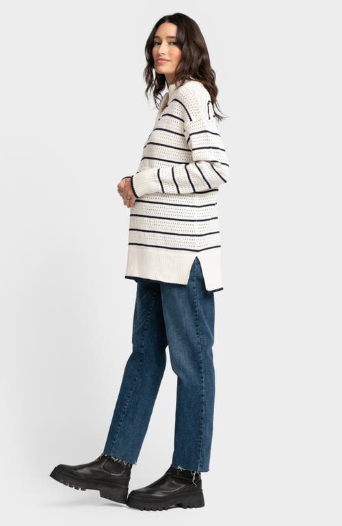 Shop Seraphine Stripe Half Zip Cotton Maternity Sweater In Navy Ivory