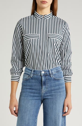 Frame Stripe Organic Cotton Band Collar Shirt In Navy Multi