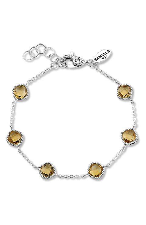 Sterling Silver Cushion Cut Semi-Precious Stone Station Bracelet
