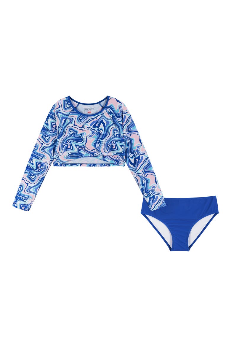 Kids' Blue Marble Long Sleeve Two-Piece Rashguard Swimsuit, Main, color, BEL AIR BLUE