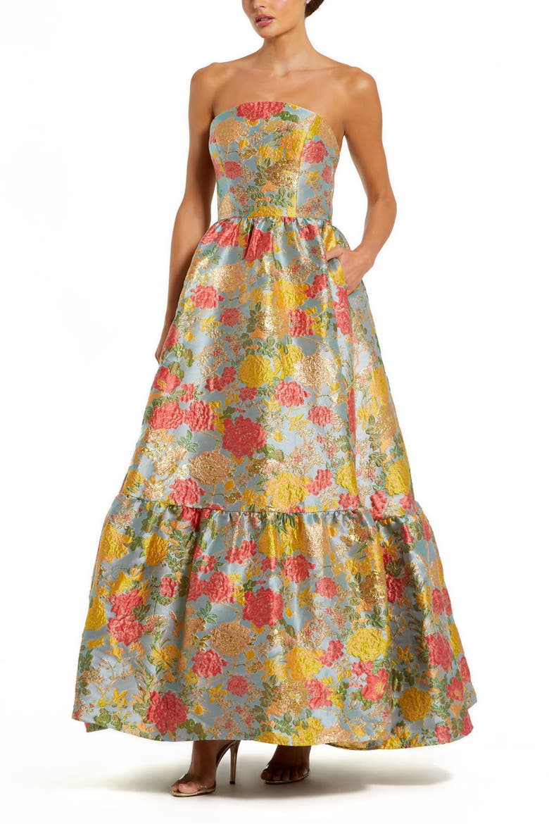 Women's Strapless Brocade Floral Gown With Ruffle Hem, Main, color, Turquoise Multi