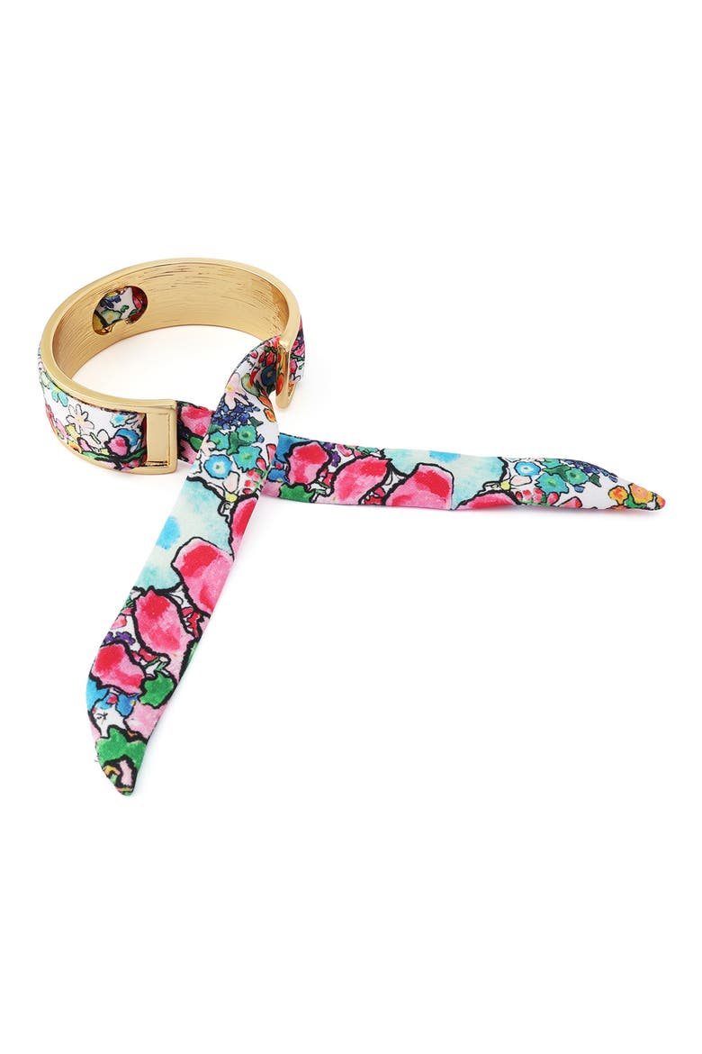 Floral Fabric Tie Cuff Bracelet, Alternate, color, GOLD/ PINK MULTI