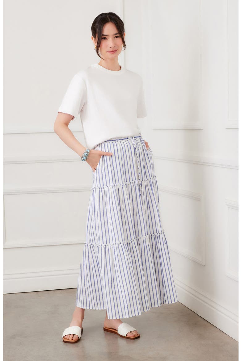 Tiered Stripe Midi Skirt, Alternate, color, BLUE/ WHITE
