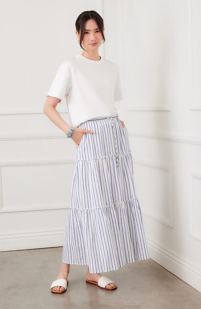 Karen Kane Tiered Stripe Midi Skirt, Alternate, color, Blue/White