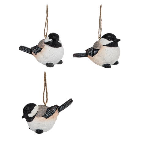 Black & White Chickadee Birds Christmas Tree Ornaments, Set of 3