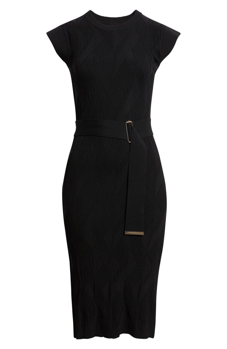 Vince Camuto Belted Knit Sheath Dress, Alternate, color, Black