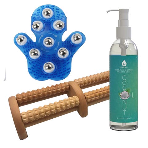 Palm Shaped Massage Glove, Wooden Foot Massager, and Coconut Oil