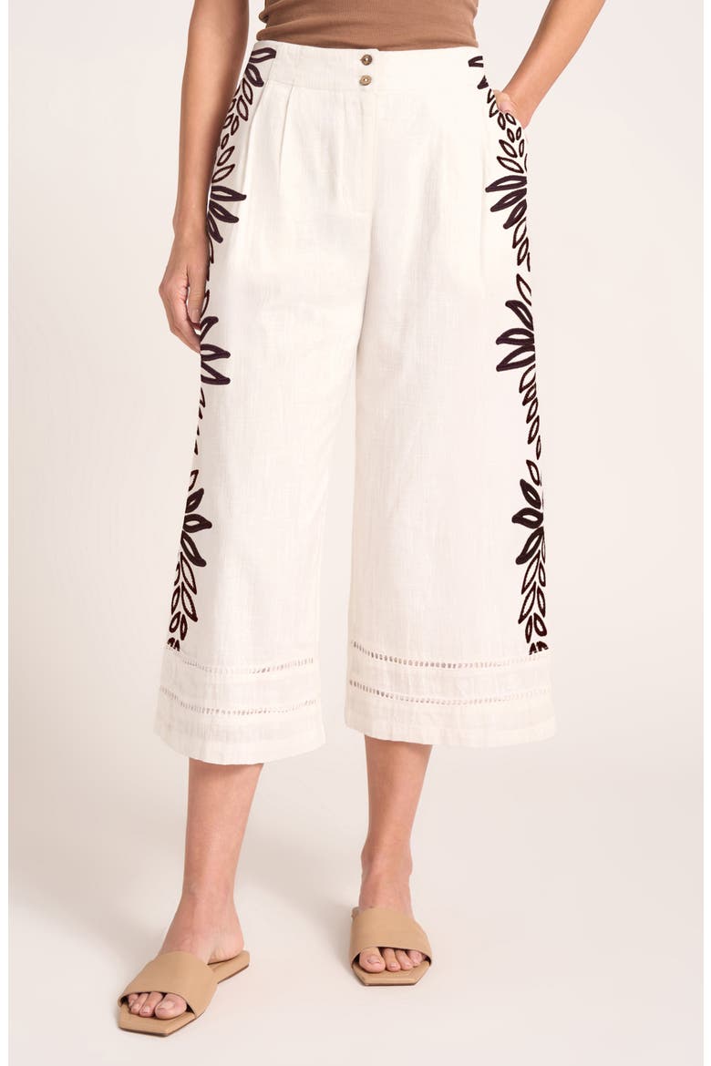 Ireni Embroidery Detail Crop Wide Leg Cotton Pants, Main, color, WHITE/ CHOCOLATE