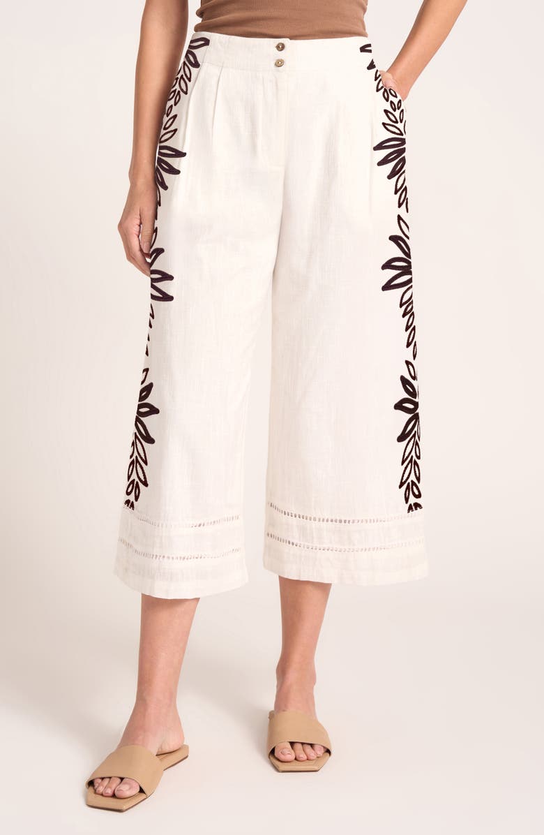 matty m. Ireni Embroidery Detail Crop Wide Leg Cotton Pants, Main, color, White/ Chocolate