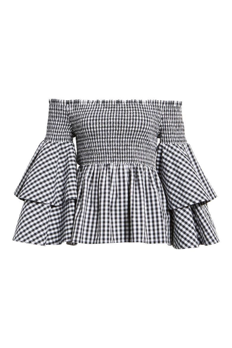 Ruffle Sleeve Off the Shoulder Top, Alternate, color, BLACK LEXI GINGHAM