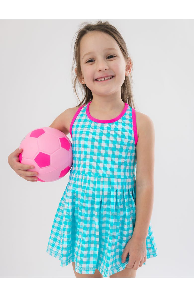 RuffleButts Toddler Girls UPF50+ Active Dress & Bike Short Set, Alternate, color, Bright Aqua Gingham