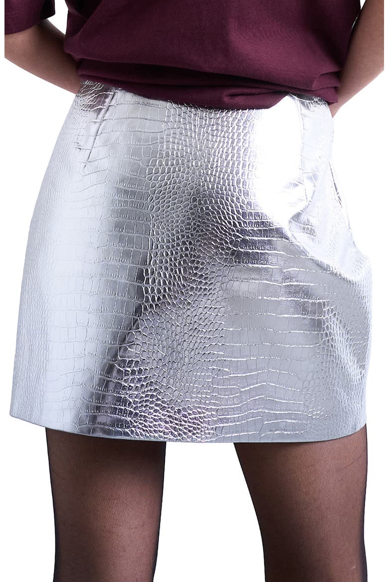 Croc Embossed Metallic Faux Leather Miniskirt, Alternate, color, SILVER
