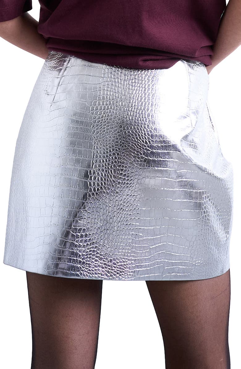 Topshop Croc Embossed Metallic Faux Leather Miniskirt, Alternate, color, Silver