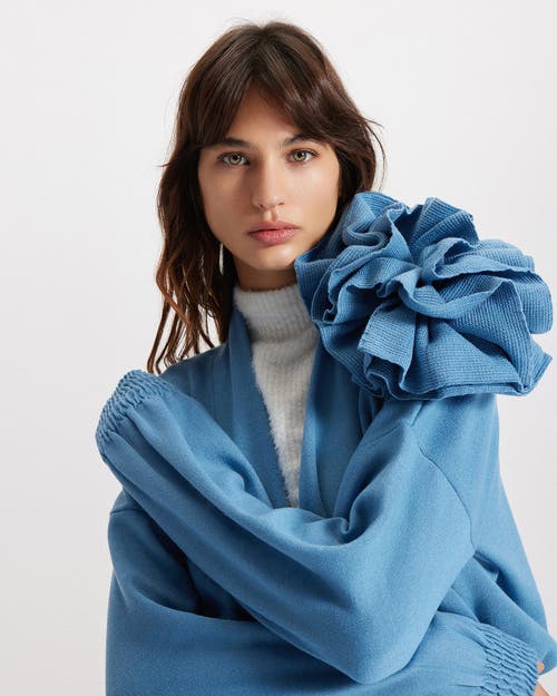 Theo The Label Nomia Ribbed Waist Rosette Cardigan In Blue